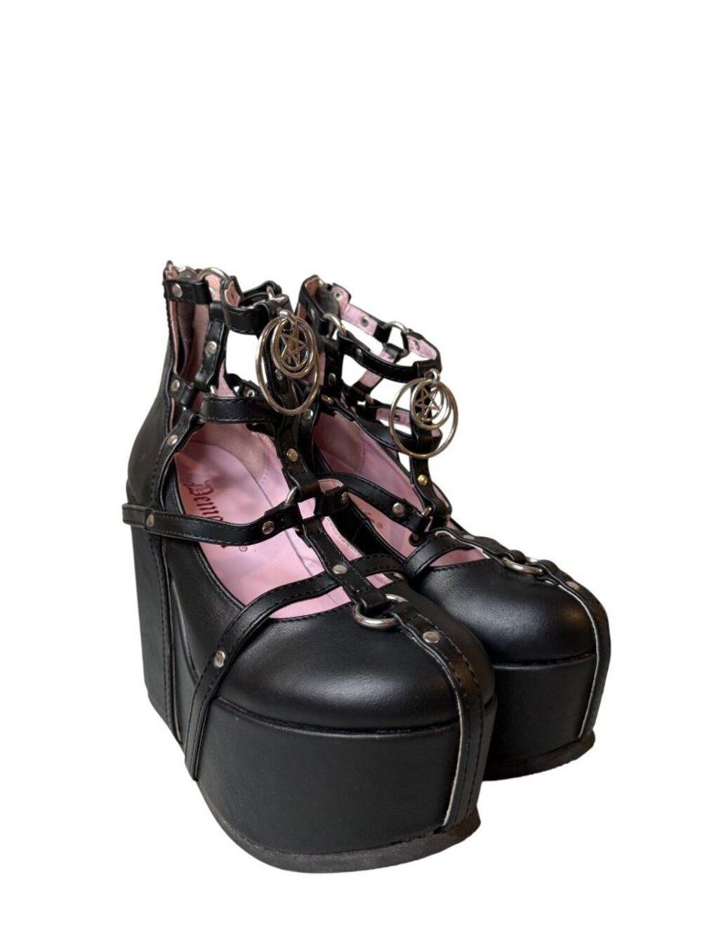 DEMONIA Poison 5" Wedge Platform Gothic Punk Ankle Boots Pentagram Chain Black S